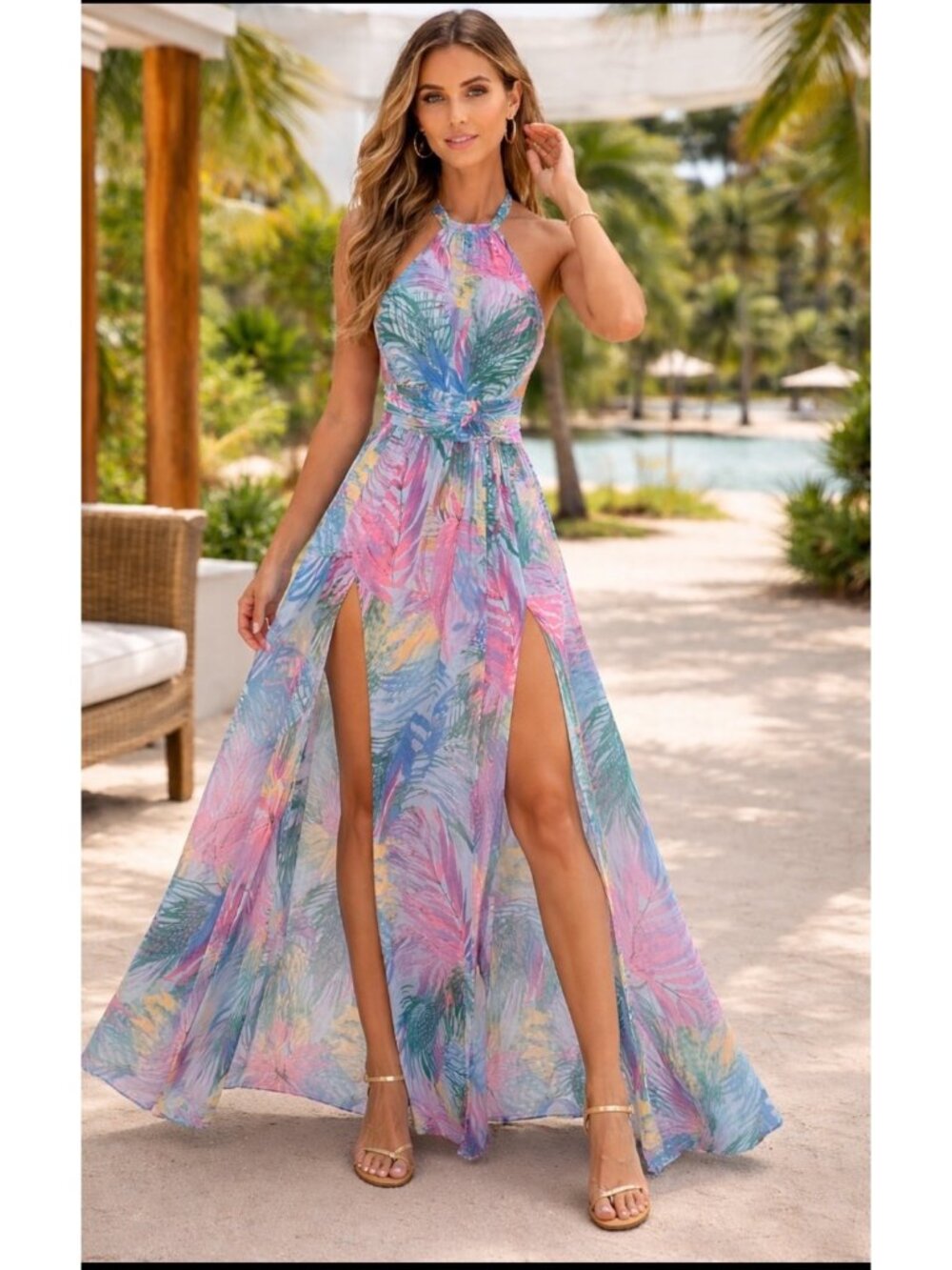 Luxxel Multicolor Tropical Halter semi sheer Maxi Dress Side Slits M SEXY NWT